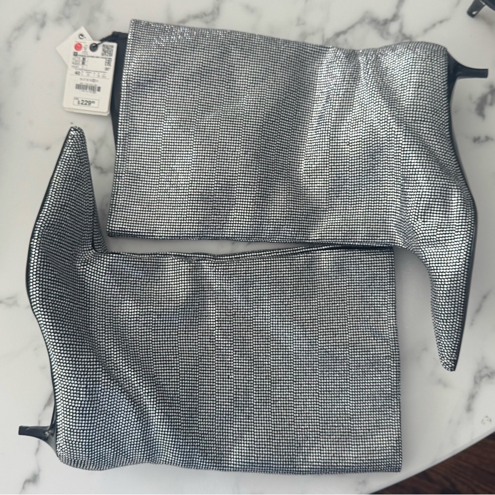 Zara Silver rhinestone leather kitten   Heeled Boots